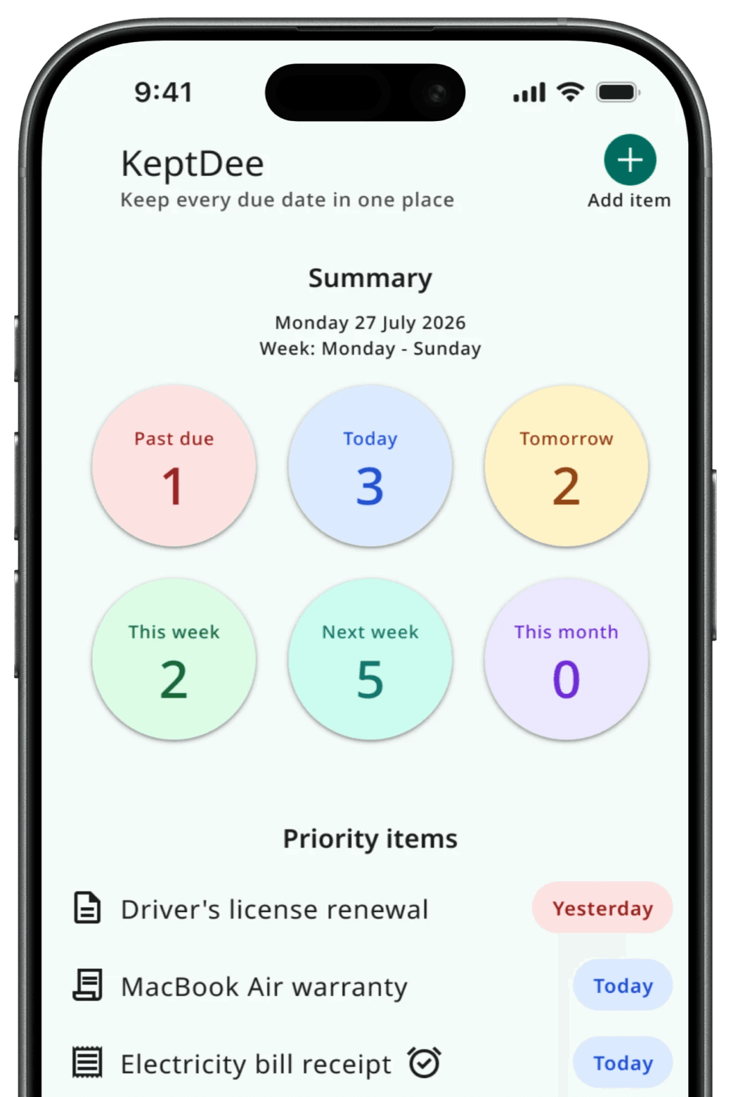 KeptDee summary and priority items screen